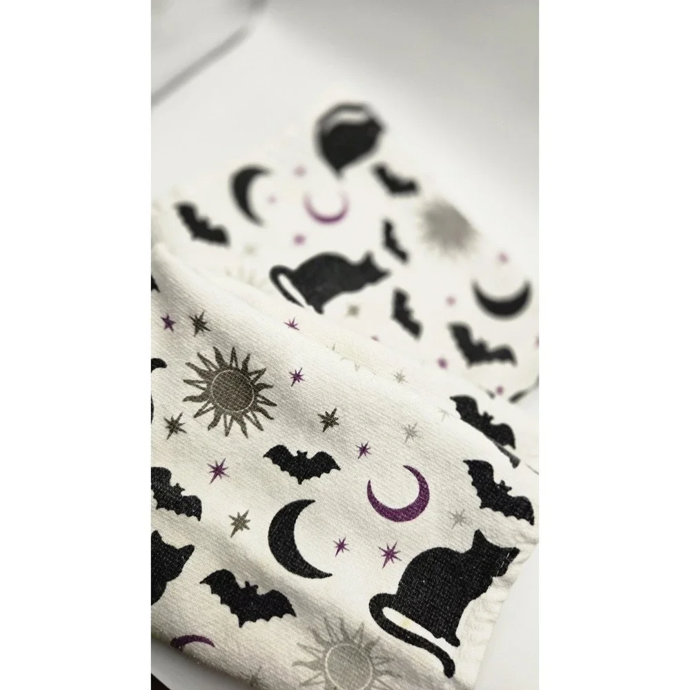 Halloween Cat Moon Stars Bat Towels Set 2 Gothic Witchy Kitchen Decor